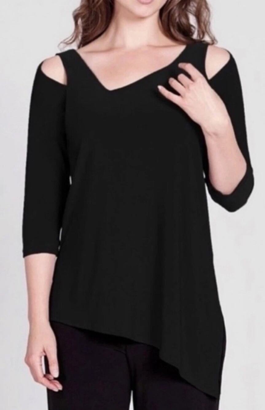Sympli Focus Tunic Top - 4 Black Stretch Asymmetrical Hem, Cut-Out Cold Shoulder